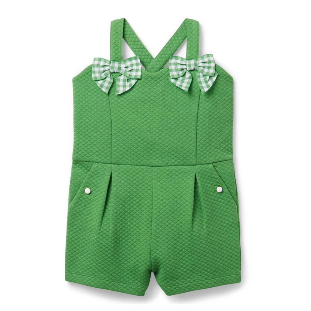 Janie and Jack Green Quilted Gingham Bow Romper with Matching Socks